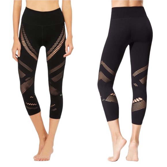 ALO Yoga Pants - ALO YOGA RADIANCE BLACK NET MESHY PERFORATED SEAMLESS LEGGING CROP ANKLE PANTS L